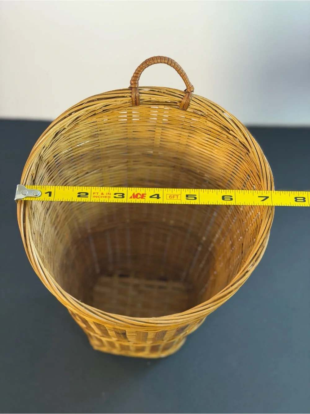 Vintage Hanging Tortoise Shell Woven Bamboo Basket Vintage 10x7in Boho Decor